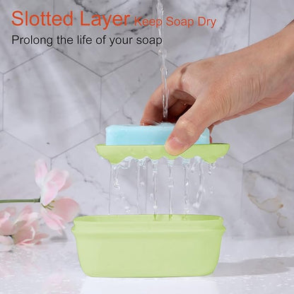 Quatish Leakproof Soap Dish with Lid & Draining Layer, Shatterproof Travel Bar Soap Holder Case Container, Portable Travel Size Toiletries Essentials for Camping, Gym, Bathroom, Green