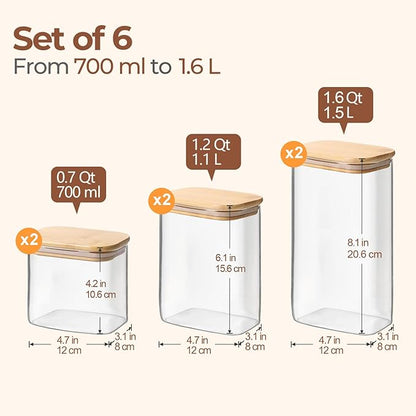 ComSaf Glass Storage Containers With Lids 6-Pack (0.7qt/1.2qt/1.6qt), Glass Pantry Storage Containers, Rectangular Glass Jars With Lid, Glass Canisters For Kitchen Flour Cereal Sugar Tea Coffee Bean