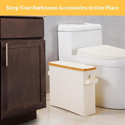 Toilet Paper Storage Basket with Lid, Bamboo Toilet Paper Storage Holder Stand Organizer for Bathroom, Toilet Paper Storage Box Container with Handle Bin for RV Closet, Beige
