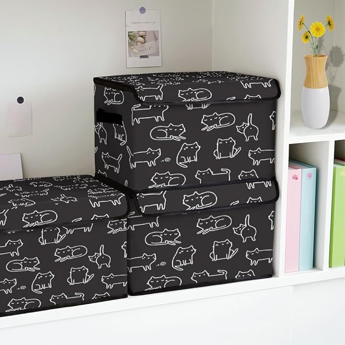 Stackable Clothes Storage Bins with Lids,Closet Organizers Fabric Cat Printing Box for Home and Office,Blanket Clothes Organizers,Under Bed Storage Containers 3 Pack.