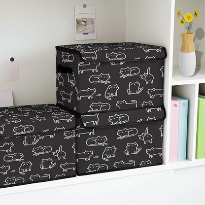 Stackable Clothes Storage Bins with Lids,Closet Organizers Fabric Cat Printing Box for Home and Office,Blanket Clothes Organizers,Under Bed Storage Containers 3 Pack.