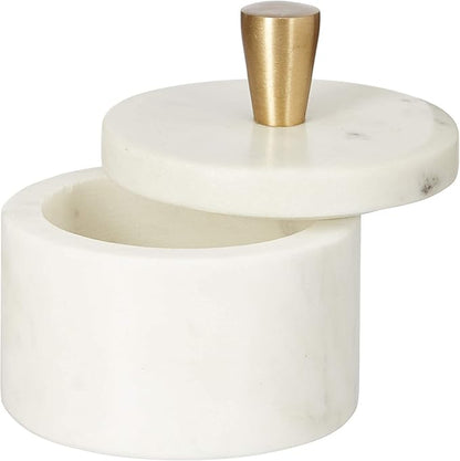 Queenza White Marble Salt Cellar with Lid and Brass Knob, 3 Inch Salt Box