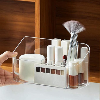 LINFIDITE Makeup Organizer Tray Bathroom Cabinet Cosmetic Storage with 9 Compartments 2 Removable Dividers Lipgloss Organizer Makeup Display Tray Case for Beauty Essentials Crystal Clear