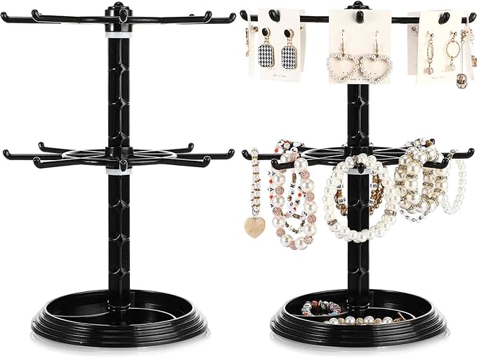 2 Pack Keychain Display Stand Rotating Jewelry 2 Tier Necklace Holder Plastic Spinning Bracelet Hanging Organizer Rotating Rack Earring Bracelet Stands for Vendors Malls Counter Dressing Table