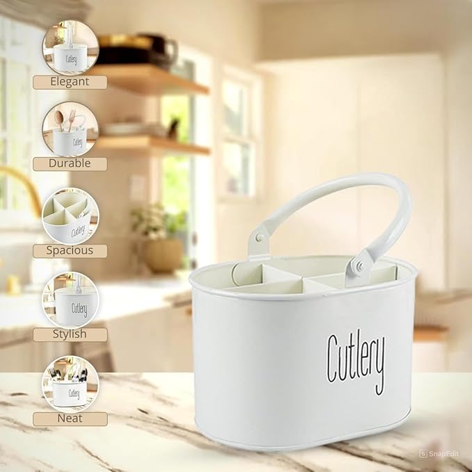 Metal Self Draining Tableware Storage Box - Spoon, Knife, Fork, Chopstick, Cutlery Holder Kitchen Organizer Stand Dining Multifunctional Stand Drawer Organisers, (White)