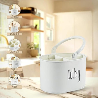 Metal Self Draining Tableware Storage Box - Spoon, Knife, Fork, Chopstick, Cutlery Holder Kitchen Organizer Stand Dining Multifunctional Stand Drawer Organisers, (White)