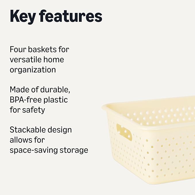 Amazon Basics Decorative BPA-Free Plastic Storage Baskets, 13.66 x 11.34 x 5.39, Ivory, Pack of 4