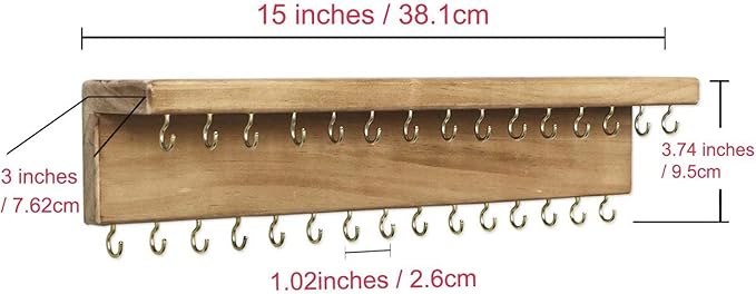 SANY DAYO HOME Jewelry Organizer with 30 Hooks and Cosmetics Shelf, 15 x 3 x 4 inches Wall Mounted Rustic Pine Wood Holder for Necklaces and Bracelets, Suitable for Kids and Adults (Brown)