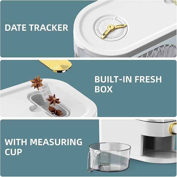 Rice Dispenser,22Lbs-25Lbs Rice Container with Measuring Cup, Upgraded Lid Time Dials & Built-in Fresh Box Rice Container Storage for Home Kitchen Pantry Stores Rice - White Capacity 22Lbs-25Lbs