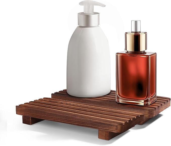 SAMEBUTECO Bathroom Tray,Rustic Wood Soap Tray 2 Packs,Riser Farmhouse Soap Dish Holder,Footed Wood Pedestal Stand for Vanity,Dispenser,Countertop,Size 8.7x4x1.7''