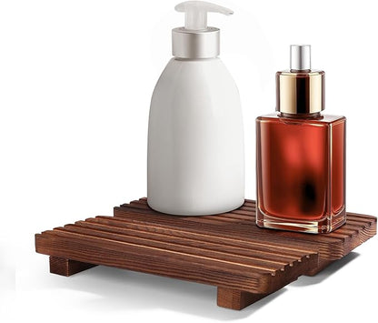 SAMEBUTECO Bathroom Tray,Rustic Wood Soap Tray 2 Packs,Riser Farmhouse Soap Dish Holder,Footed Wood Pedestal Stand for Vanity,Dispenser,Countertop,Size 8.7x4x1.7''