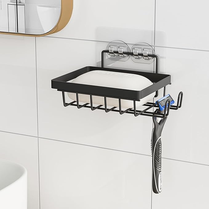 Adhesive Soap Bar Holder for Shower Wall with Soap Saver, Self Draining Soap Dish Container Caddy with 2 Hooks for Razor Loofah, Shampoo Sponge Tray Case Box for Bathroom Sink, Black