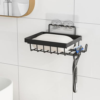 Adhesive Soap Bar Holder for Shower Wall with Soap Saver, Self Draining Soap Dish Container Caddy with 2 Hooks for Razor Loofah, Shampoo Sponge Tray Case Box for Bathroom Sink, Black