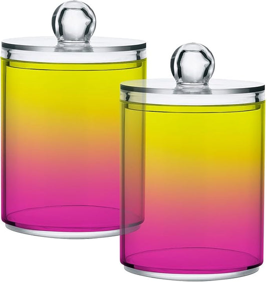 Yellow Ivory Pink Qtip Dispenser Apothecary Jars Bathroom Qtip Holder Storage Canister Plastic Jar 10 Oz for Cotton Ball Swab Round Pads Floss 2pcs