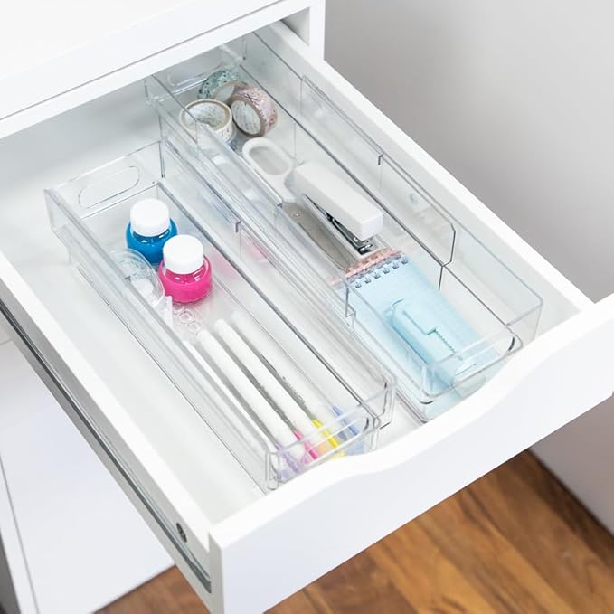 Isaac Jacobs 2-Pack Clear Expandable Storage Bins - Extra Small, 11"-19" L x 3.9" W x 3.1" H, Plastic Organizer with Cut-Out Handles, Adjustable Length from 11-19" for Home, Kitchen & Office