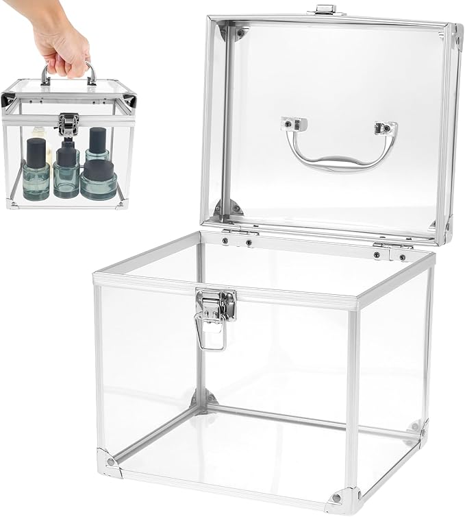 Crown Boxes for Pageants 7.9 X 6.7 X 7.5 In Clear Large capacity Makeup Train Case Cosmetic Case with Latches and Handle Toiletry Organizer Box Travel Makeup Tools Storage Organizer Box