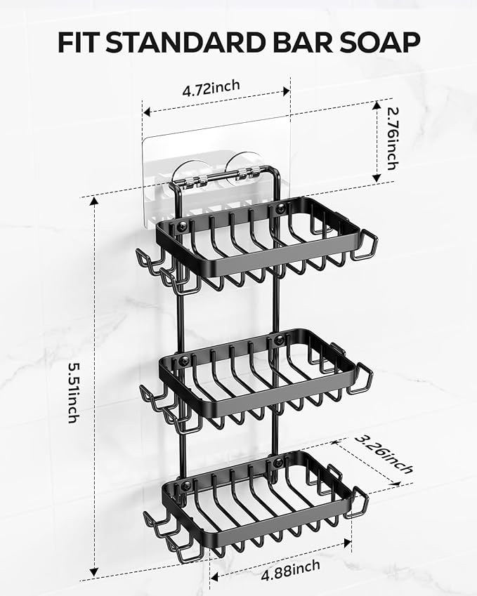 Nieifi 3 Tier Soap Holder Shower, Stainless Steel Adhesive Bathroom Shower Wall Dish Holder with Hooks, Black