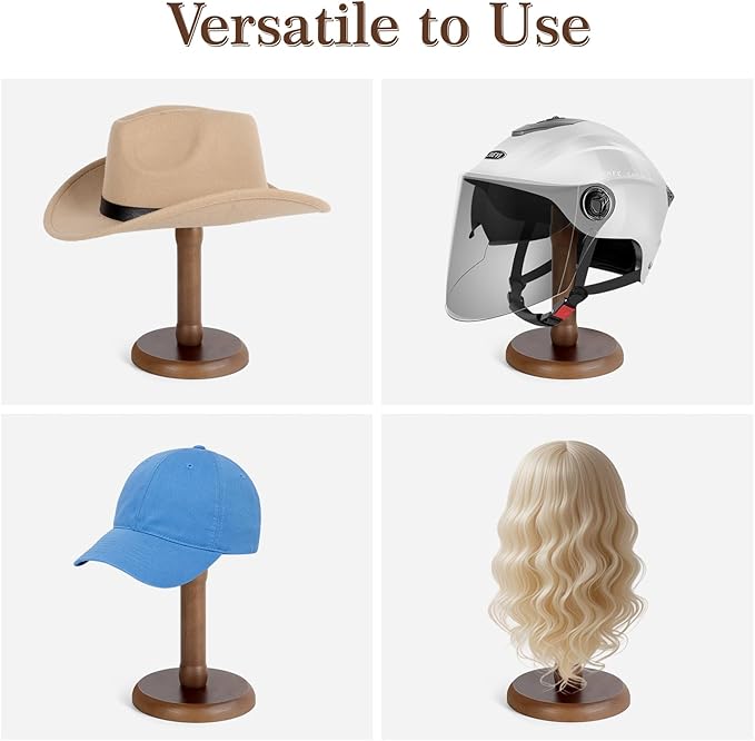 SEKSON Cowboy Hat Stand, Tabletop Hat Display Rack, Solid Wood Hat Holder Stand for Caps Wigs Helmets, Rustic Brown (3 Pack)