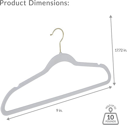 Simplify Slim Velvet Gold Hook Clothes Hangers 100 Pack | Non-Slip | Shirts | Suit | Pants | Dresses | Garments | Closet Storage & Organization | Durable | White