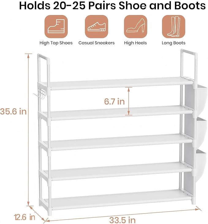 VILICK Shoe Rack for Closet Shoe Organizer Space Saver Storage for 20-25 Pair Shoe Shelf with Hook and Side Pocket Free Standing 5 Tier Shoe Rack Organizer for Entryway,Small Spaces, White