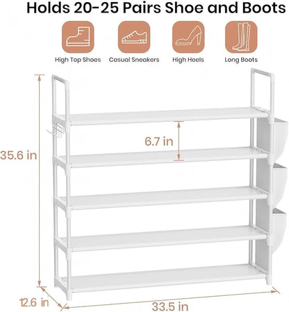 VILICK Shoe Rack for Closet Shoe Organizer Space Saver Storage for 20-25 Pair Shoe Shelf with Hook and Side Pocket Free Standing 5 Tier Shoe Rack Organizer for Entryway,Small Spaces, White