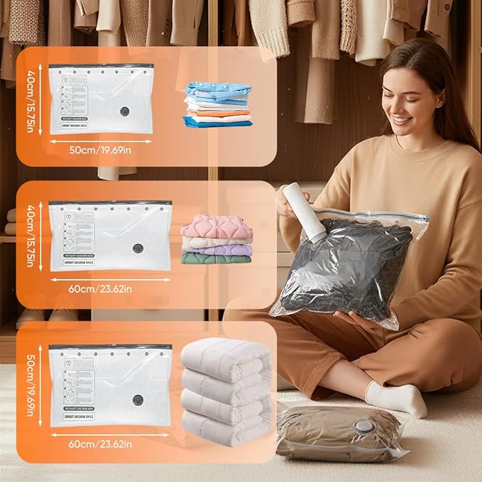 Travel Vacuum Bags with Pump: Vacuum Seal Bags for Clothing with Rechargeable 6000Pa Pump - Space-Saving, Premium Heavy Duty Storage Bags for Clothes, Bedding, Seasonal Items (2 sets, S+M+L)