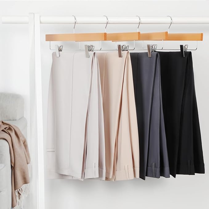 TOPIA HANGER Lotus Wood Pants Hangers, Natural Wooden Skirt Short Jeans Trouser Hanger with Smooth Surface 360° Swivel Hook Anti Rust 2 Adjustable Clips, 10 Pack, CT10PY