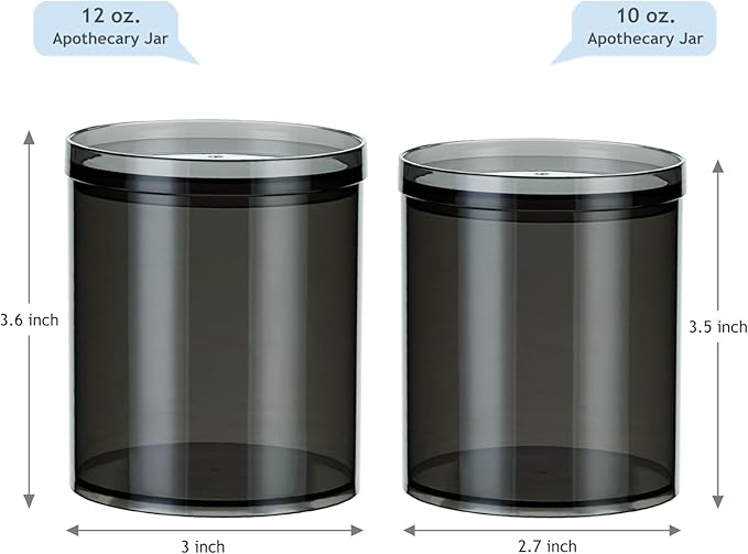 SheeChung 4-Pack Black Stackable Apothecary Jars - (10oz & 12oz) Mixed Sizes Qtip Holder - Modern Industrial Bathroom Accessories Decor with Storage Lids - Translucent Black