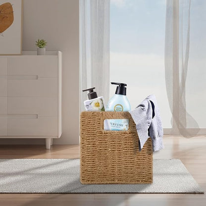 6 Pack 8.7 Inch Wicker Baskets, Hand Woven Paper Rope Storage Baskets, Foldable Cube Storage Bins Organizer Square Wicker Cubes for Shelves Pantry Organizing & Decor