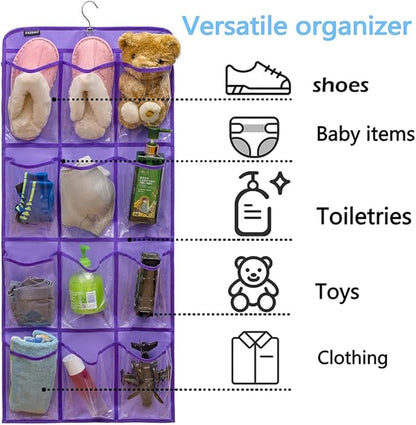 Dual Sided Hanging Shoe Organizer for Closet with Rotating Hanger Hanging Shoe Rack Holder with 24 Large Pockets (Purple-Clear Pockets)