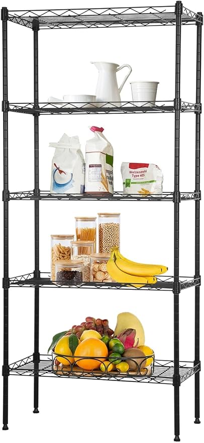 Wire Shelves 5-Tier Metal Storage Shelves 47.6" H x 21.5" x 11.6" Adjustable Wire Rack Shelf NSF Shelving Unit for Kitchen Storage Pantry Laundry, 750LB Capacity, Black