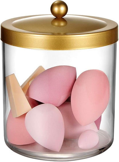 SheeChung 50 Ounce Large Clear Apothecary Jar with Gold Rust-Proof Lid - Shatterproof Plastic Storage Canister - Modern Luxury Bathroom Vanity & Laundry Room Organizer for Pods, Bath Salts