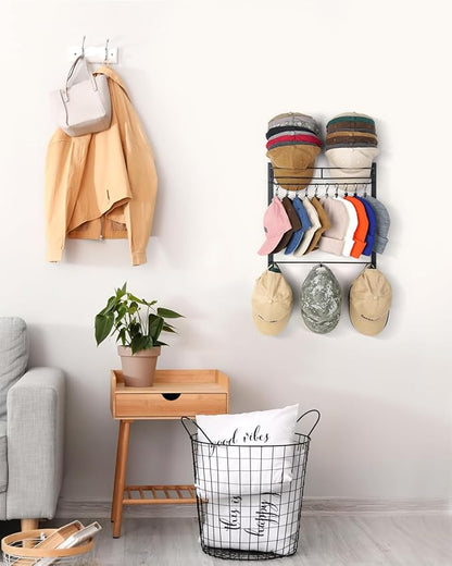 Hat Rack for 45 Baseball Caps with 10 Clips 3 Tier Hat Organizer for Wall Multi-functional Hat Hanger Metal Hat Holder at Closet Bedroom Entryway Gift for Men Boy Teen