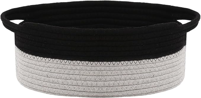 JMvicyroam Woven Basket,Small Rope Storage Bin with Handles & Ribbon Bag, Organizer for Shelves Closets,Gift Basket Empty for Birthday,Books,Dog Toys, Black&Grey