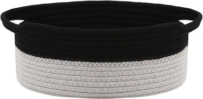 JMvicyroam Woven Basket,Small Rope Storage Bin with Handles & Ribbon Bag, Organizer for Shelves Closets,Gift Basket Empty for Birthday,Books,Dog Toys, Black&Grey