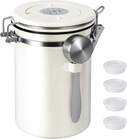 Kirecoo Stainless Steel Coffee Canister - 22OZ Airtight Coffee Bean Storage Grounds Container Holder with Date Tracker & Measuring Scoop, Kitchen Food Canister Jar for Cereal, Sugar, Tea, Flour, Gifts