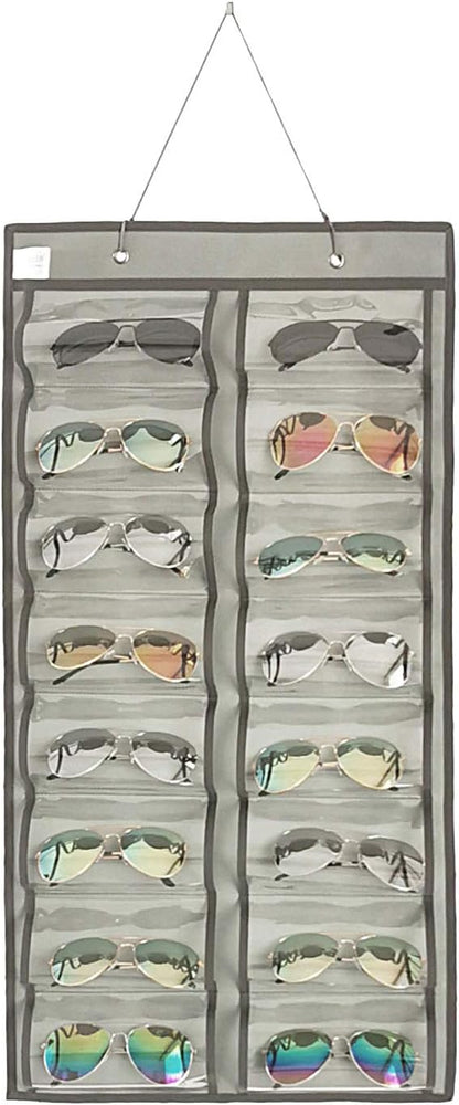 Dual-sided Hanging Sunglasses Organizer Dust-Proof Glasses Storage Wall Pocket Eyeglasses Display Case with 32 Slots