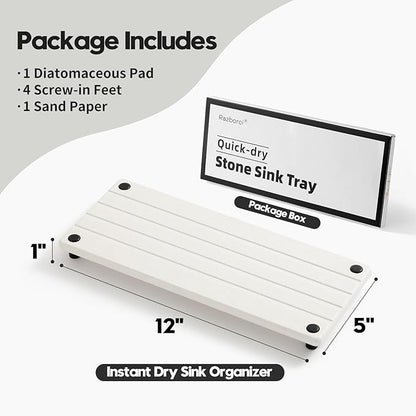 Razborci Instant Dry Sink Caddy Kitchen Sink Organizer, Quick Drying Stone Tray Diatomite Sponge Holder Soap Dish, Bathroom Countertop Fast Dry Water Absorbing Vanity Rack, White, 12" x 5"