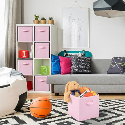 Stero Fabric Storage Bins 6 Pack Fun Colored Durable Storage Cubes with Fabric Handles Foldable Cube Baskets for Home, Kids Room, Closet and Toys Organization Pink