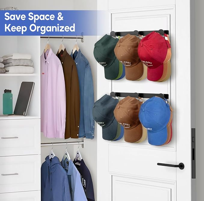 KIMBORA 2 Packs Hat Rack for Wall, Hat Organizer for Baseball Caps, 3 Mounting Options Cap Hook Hanger, Strong Snapback Holder Storage Display for Door, Room, Closet (Black)