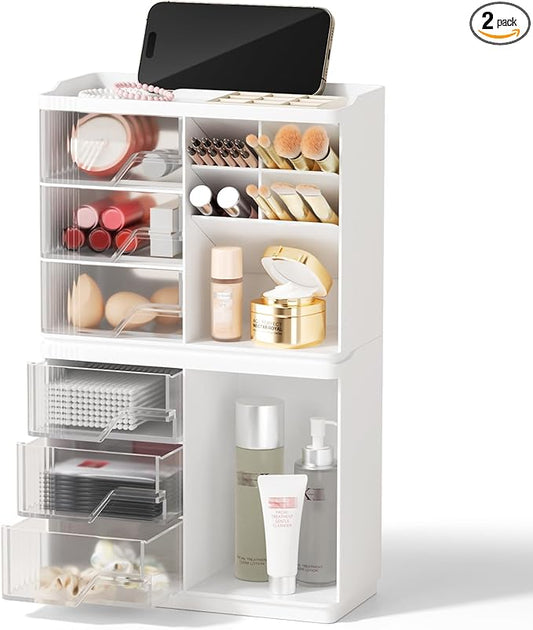 Small Makeup Organizer with Drawers, Stackable Bathroom Couneter Organizer with Phone Holder, Versatile Vanity Organizer Countertop, Cosmetic Organizer for Makeup Brush, Skin Care, Lotion -White,2Pack