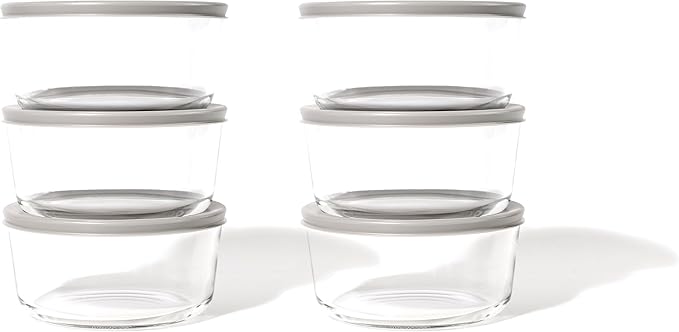 12-Piece Glass Food Storage Containers Set (6 Containers + 6 BPA-Free Lids) | 4-Cup, Leakproof | Microwave, Freezer, Oven & Dishwasher Safe | Ideal for Meal Prep & Pantry Organization, Grey