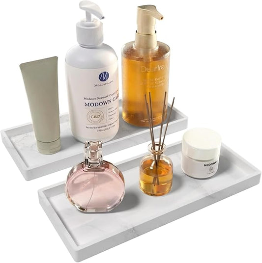 2PCS Bathroom Vanity Tray, 11.8 x 5 Inch Silicone Bathroom Counter Organizer, Decorative Holder for Candle and Perfume Tray, Cosmetics, Jewelry Rings for Kitchen Sink Organizer, Marble White