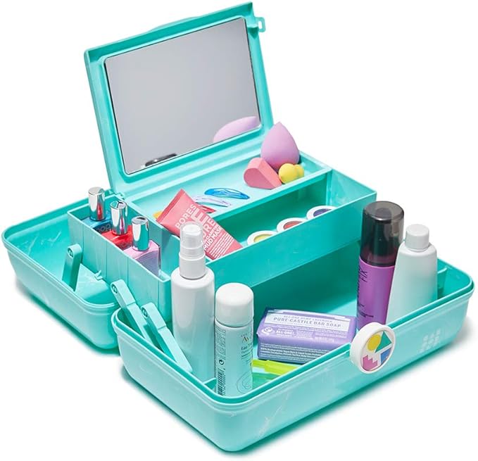 Caboodles On-The-Go Girl Makeup Box, Turquoise on Marble, Hard Plastic Makeup Organizer Box, Built-In Mirror, Secure Latch for Safe Travel, Spacious Storage for Large Items