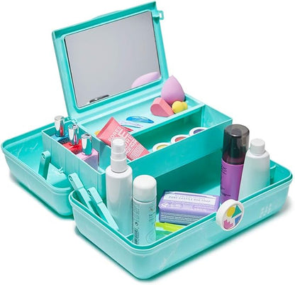 Caboodles On-The-Go Girl Makeup Box, Turquoise on Marble, Hard Plastic Makeup Organizer Box, Built-In Mirror, Secure Latch for Safe Travel, Spacious Storage for Large Items