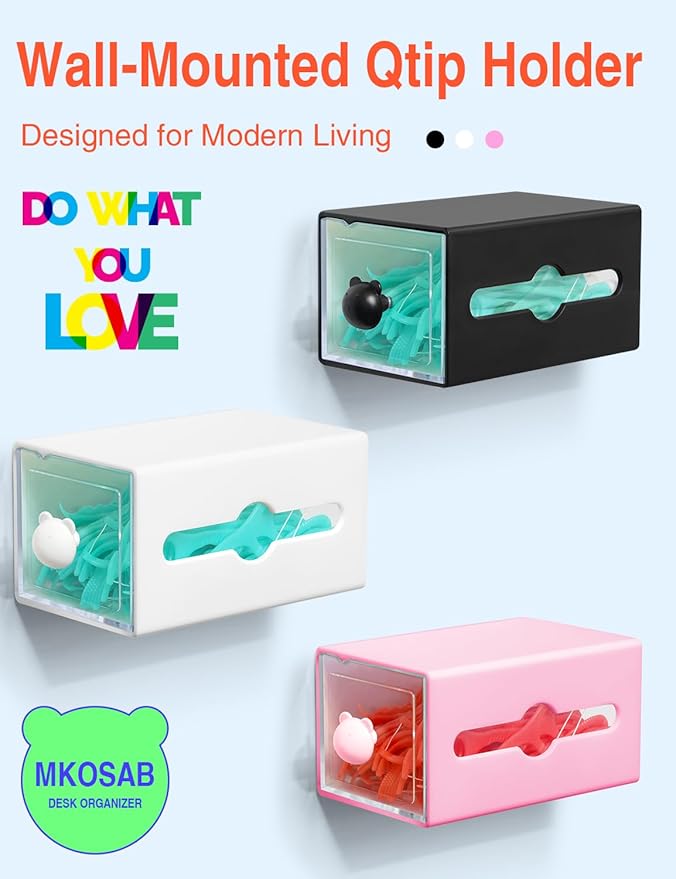 Qtip Holder for Bathroom Wall Organizer – Bathroom Decor, Dorm Room Essential, Small Q-tip Dispenser for Cotton Swabs, Balls, Pads, Floss Picks – Office Storage, Vanity Makeup Organizer(4 Pcs)