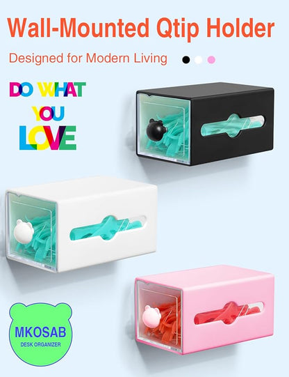 Qtip Holder for Bathroom Wall Organizer – Bathroom Decor, Dorm Room Essential, Small Q-tip Dispenser for Cotton Swabs, Balls, Pads, Floss Picks – Office Storage, Vanity Makeup Organizer(4 Pcs)