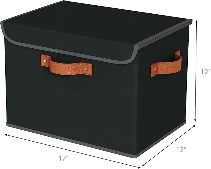 Univivi Heavy Duty Fabric Storage Bins with Lid, Large 17" 10 Gallon Stackable Storage Cube with Leather Handles, Decorative Storage Boxes with Lids for Bedroom, Closet, Nursery, Office, 3-Pack(Black)