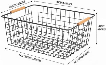 4 Pack Black Large Wire Baskets for Organization Metal Wire Food Storage Basket Organizer with Wooden Handles for Organizing Kitchen Cabinets