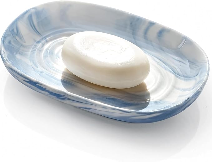 OTHIX Blue Ceramic Soap Dish with Unique Marble Texture, Decorative Bar Soap Holder for Bathroom and Kitchen, Cute Soap Dishes for Bar Soap, Jewelry, Family, Valentines Day Gifts (Blue Texture)